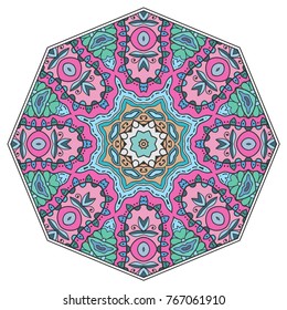 Mandala flower decoration, hand drawn round ornament, isolated design element on a white background. Vector geometric floral pattern. Tribal ethnic fashion motif for paper, textile, cloth fabric print