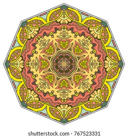 Mandala flower decoration, hand drawn round ornament, isolated design element on a white background. Vector geometric floral pattern. Tribal ethnic fashion motif for paper, textile, cloth fabric print