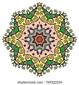 Mandala flower decoration, hand drawn round ornament, isolated design element on a white background. Vector geometric floral pattern. Tribal ethnic fashion motif for paper, textile, cloth fabric print