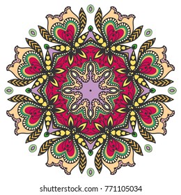 Mandala flower decoration, hand drawn round ornament, isolated design element on a white background. Vector geometric floral pattern. Tribal ethnic fashion motif for paper, textile, cloth fabric print