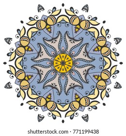 Mandala flower decoration, hand drawn round ornament, isolated design element on a white background. Vector geometric floral pattern. Tribal ethnic fashion motif for paper, textile, cloth fabric print