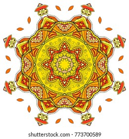 Mandala flower decoration, hand drawn round ornament, isolated design element on a white background. Vector geometric floral pattern. Tribal ethnic fashion motif for paper, textile, cloth fabric print