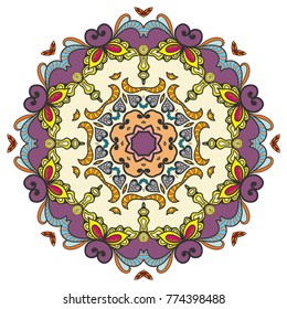 Mandala flower decoration, hand drawn round ornament, isolated design element on a white background. Vector geometric floral pattern. Tribal ethnic fashion motif for paper, textile, cloth fabric print