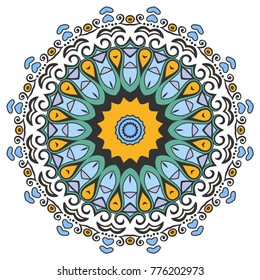 Mandala flower decoration, hand drawn round ornament, isolated design element on a white background. Vector geometric floral pattern. Tribal ethnic fashion motif for paper, textile, cloth fabric print