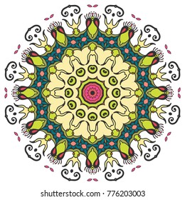Mandala flower decoration, hand drawn round ornament, isolated design element on a white background. Vector geometric floral pattern. Tribal ethnic fashion motif for paper, textile, cloth fabric print