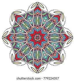 Mandala flower decoration, hand drawn round ornament, isolated design element on a white background. Vector geometric floral pattern. Tribal ethnic fashion motif for paper, textile, cloth fabric print
