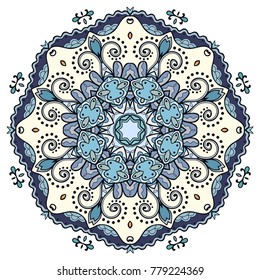 Mandala flower decoration, hand drawn round ornament, isolated design element on a white background. Vector geometric floral pattern. Tribal ethnic fashion motif for paper, textile, cloth fabric print