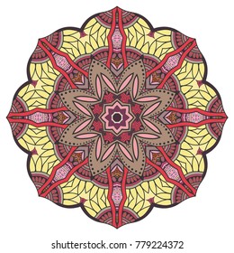 Mandala flower decoration, hand drawn round ornament, isolated design element on a white background. Vector geometric floral pattern. Tribal ethnic fashion motif for paper, textile, cloth fabric print