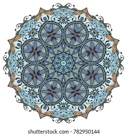 Mandala flower decoration, hand drawn round ornament, isolated design element on a white background. Vector geometric floral pattern. Tribal ethnic fashion motif for paper, textile, cloth fabric print