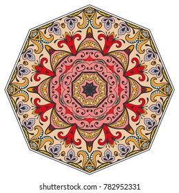 Mandala flower decoration, hand drawn round ornament, isolated design element on a white background. Vector geometric floral pattern. Tribal ethnic fashion motif for paper, textile, cloth fabric print