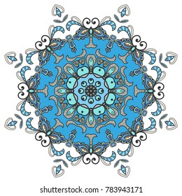 Mandala flower decoration, hand drawn round ornament, isolated design element on a white background. Vector geometric floral pattern. Tribal ethnic fashion motif for paper, textile, cloth fabric print