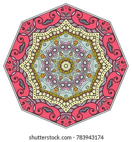Mandala flower decoration, hand drawn round ornament, isolated design element on a white background. Vector geometric floral pattern. Tribal ethnic fashion motif for paper, textile, cloth fabric print