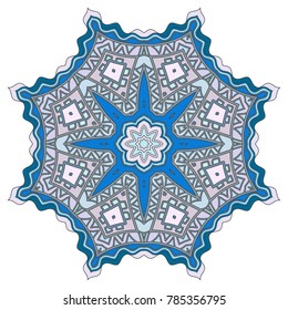 Mandala flower decoration, hand drawn round ornament, isolated design element on a white background. Vector geometric floral pattern. Tribal ethnic fashion motif for paper, textile, cloth fabric print
