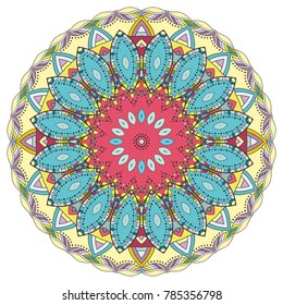 Mandala flower decoration, hand drawn round ornament, isolated design element on a white background. Vector geometric floral pattern. Tribal ethnic fashion motif for paper, textile, cloth fabric print