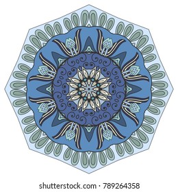 Mandala flower decoration, hand drawn round ornament, isolated design element on a white background. Vector geometric floral pattern. Tribal ethnic fashion motif for paper, textile, cloth fabric print