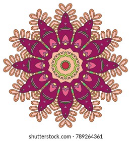 Mandala flower decoration, hand drawn round ornament, isolated design element on a white background. Vector geometric floral pattern. Tribal ethnic fashion motif for paper, textile, cloth fabric print