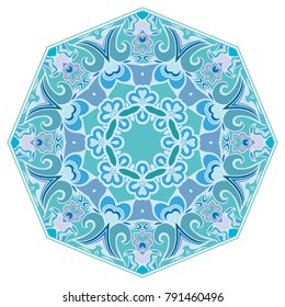 Mandala flower decoration, hand drawn round ornament, isolated design element on a white background. Vector geometric floral pattern. Tribal ethnic fashion motif for paper, textile, cloth fabric print
