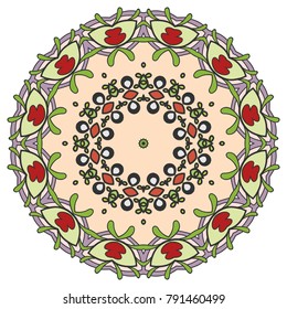 Mandala flower decoration, hand drawn round ornament, isolated design element on a white background. Vector geometric floral pattern. Tribal ethnic fashion motif for paper, textile, cloth fabric print