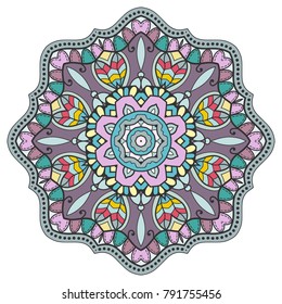 Mandala flower decoration, hand drawn round ornament, isolated design element on a white background. Vector geometric floral pattern. Tribal ethnic fashion motif for paper, textile, cloth fabric print