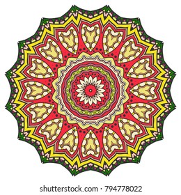 Mandala flower decoration, hand drawn round ornament, isolated design element on a white background. Vector geometric floral pattern. Tribal ethnic fashion motif for paper, textile, cloth fabric print