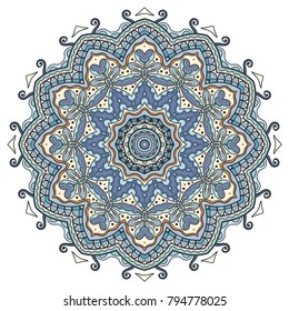 Mandala flower decoration, hand drawn round ornament, isolated design element on a white background. Vector geometric floral pattern. Tribal ethnic fashion motif for paper, textile, cloth fabric print