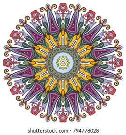 Mandala flower decoration, hand drawn round ornament, isolated design element on a white background. Vector geometric floral pattern. Tribal ethnic fashion motif for paper, textile, cloth fabric print