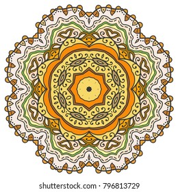 Mandala flower decoration, hand drawn round ornament, isolated design element on a white background. Vector geometric floral pattern. Tribal ethnic fashion motif for paper, textile, cloth fabric print