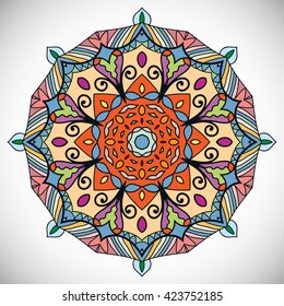 Mandala flower decoration, oriental pattern, isolated design element. Zentangle style decor for coloring book page. Tribal ethnic floral mandala round ornament, doodle art. Vector geometric background