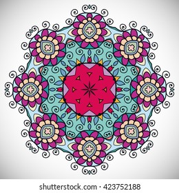 Mandala flower decoration, oriental pattern, isolated design element. Zentangle style decor for coloring book page. Tribal ethnic floral mandala round ornament, doodle art. Vector geometric background