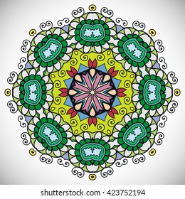 Mandala flower decoration, oriental pattern, isolated design element. Zentangle style decor for coloring book page. Tribal ethnic floral mandala round ornament, doodle art. Vector geometric background