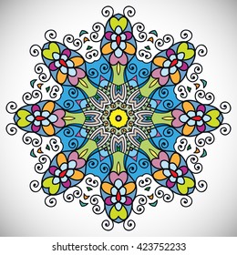 Mandala flower decoration, oriental pattern, isolated design element. Zentangle style decor for coloring book page. Tribal ethnic floral mandala round ornament, doodle art. Vector geometric background