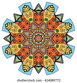 Mandala flower decoration, oriental pattern, isolated design element. Zentangle style decor for coloring book page. Tribal ethnic floral mandala round ornament, doodle art. Vector geometric background