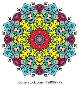 Mandala flower decoration, oriental pattern, isolated design element. Zentangle style decor for coloring book page. Tribal ethnic floral mandala round ornament, doodle art. Vector geometric background