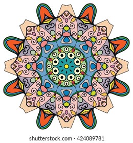 Mandala flower decoration, oriental pattern, isolated design element. Zentangle style decor for coloring book page. Tribal ethnic floral mandala round ornament, doodle art. Vector geometric background