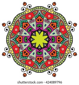 Mandala flower decoration, oriental pattern, isolated design element. Zentangle style decor for coloring book page. Tribal ethnic floral mandala round ornament, doodle art. Vector geometric background
