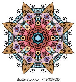Mandala flower decoration, oriental pattern, isolated design element. Zentangle style decor for coloring book page. Tribal ethnic floral mandala round ornament, doodle art. Vector geometric background