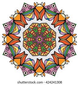 Mandala flower decoration, oriental pattern, isolated design element. Zentangle style decor for coloring book page. Tribal ethnic floral mandala round ornament, doodle art. Vector geometric background