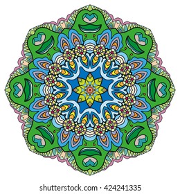 Mandala flower decoration, oriental pattern, isolated design element. Zentangle style decor for coloring book page. Tribal ethnic floral mandala round ornament, doodle art. Vector geometric background