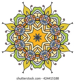 Mandala flower decoration, oriental pattern, isolated design element. Zentangle style decor for coloring book page. Tribal ethnic floral mandala round ornament, doodle art. Vector geometric background