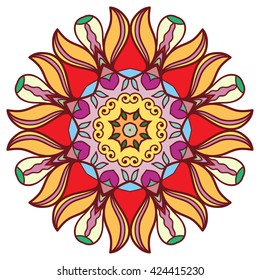Mandala flower decoration, oriental pattern, isolated design element. Zentangle style decor for coloring book page. Tribal ethnic floral mandala round ornament, doodle art. Vector geometric background