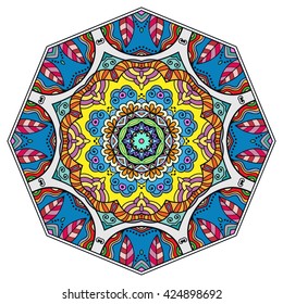 Mandala flower decoration, oriental pattern, isolated design element. Zentangle style decor for coloring book page. Tribal ethnic floral mandala round ornament, doodle art. Vector geometric background