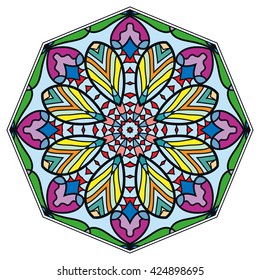 Mandala flower decoration, oriental pattern, isolated design element. Zentangle style decor for coloring book page. Tribal ethnic floral mandala round ornament, doodle art. Vector geometric background
