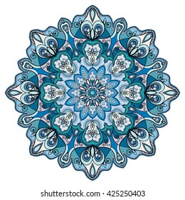 Mandala flower decoration, oriental pattern, isolated design element. Zentangle style decor for coloring book page. Tribal ethnic floral mandala round ornament, doodle art. Vector geometric background