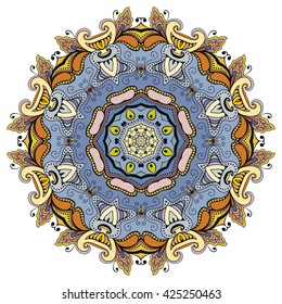 Mandala flower decoration, oriental pattern, isolated design element. Zentangle style decor for coloring book page. Tribal ethnic floral mandala round ornament, doodle art. Vector geometric background