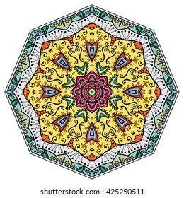 Mandala flower decoration, oriental pattern, isolated design element. Zentangle style decor for coloring book page. Tribal ethnic floral mandala round ornament, doodle art. Vector geometric background