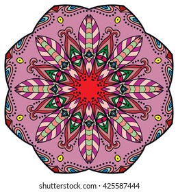 Mandala flower decoration, oriental pattern, isolated design element. Zentangle style decor for coloring book page. Tribal ethnic floral mandala round ornament, doodle art. Vector geometric background