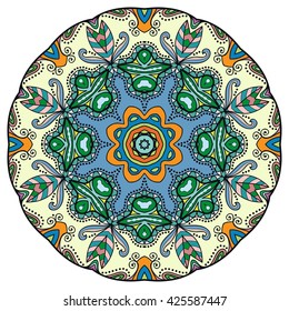 Mandala flower decoration, oriental pattern, isolated design element. Zentangle style decor for coloring book page. Tribal ethnic floral mandala round ornament, doodle art. Vector geometric background
