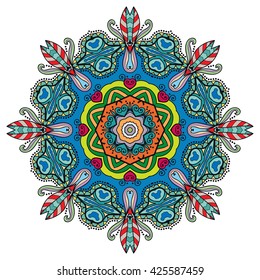 Mandala flower decoration, oriental pattern, isolated design element. Zentangle style decor for coloring book page. Tribal ethnic floral mandala round ornament, doodle art. Vector geometric background
