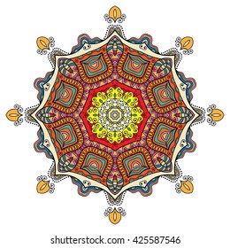 Mandala flower decoration, oriental pattern, isolated design element. Zentangle style decor for coloring book page. Tribal ethnic floral mandala round ornament, doodle art. Vector geometric background