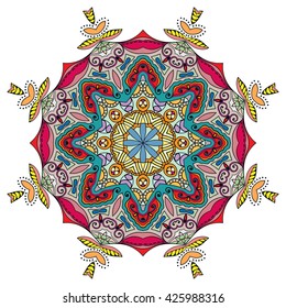 Mandala flower decoration, oriental pattern, isolated design element. Zentangle style decor for coloring book page. Tribal ethnic floral mandala round ornament, doodle art. Vector geometric background